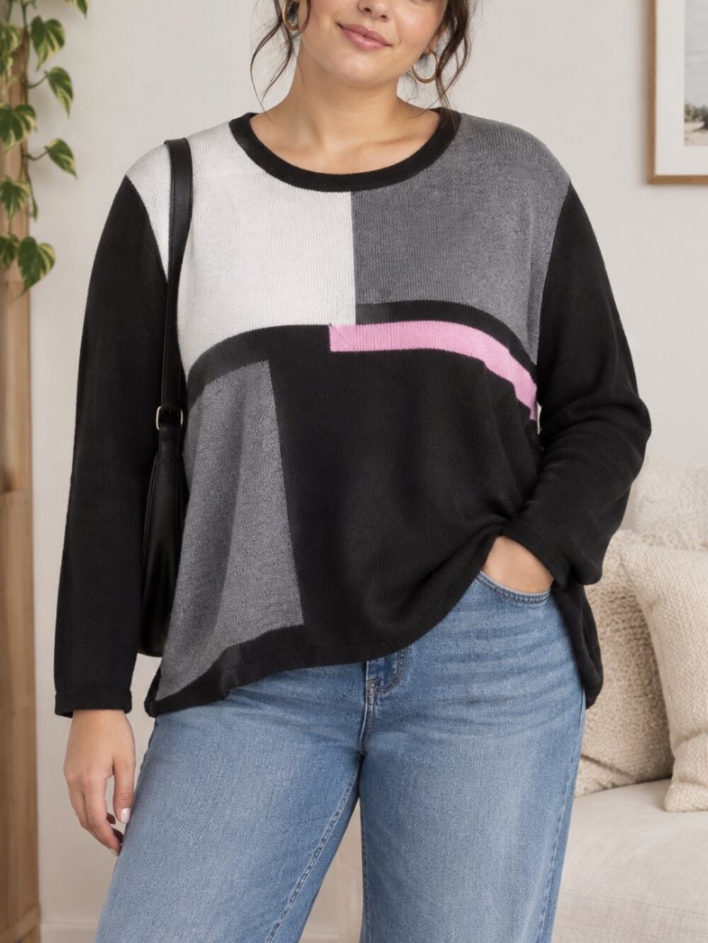 Liz Claiborne Colorblock Sweater XL Black Gray Pink White Geometric Knit Crewnec
